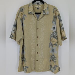 Tommy Bahama 100% Silk Hawaiian Shirt Pineapple Hibiscus | Size L | Sage Green